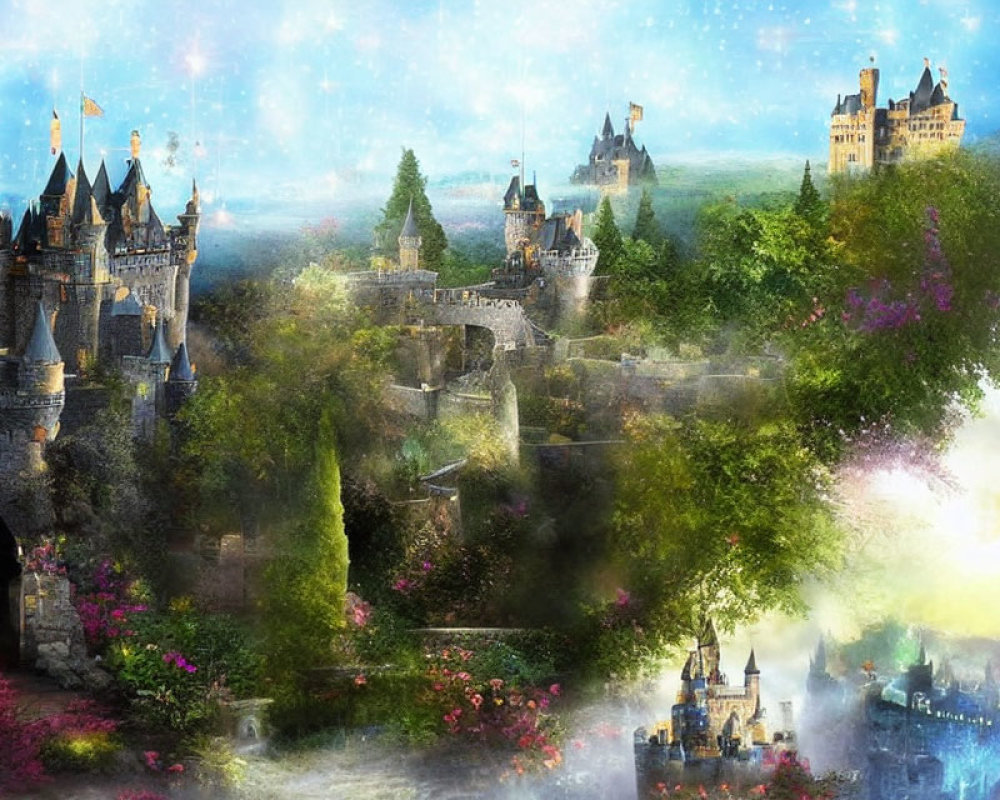 Fantastical landscape with multiple castles and lush greenery