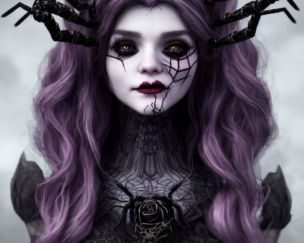 Person with Purple Hair and Spider Crown: Gothic Fantasy Look