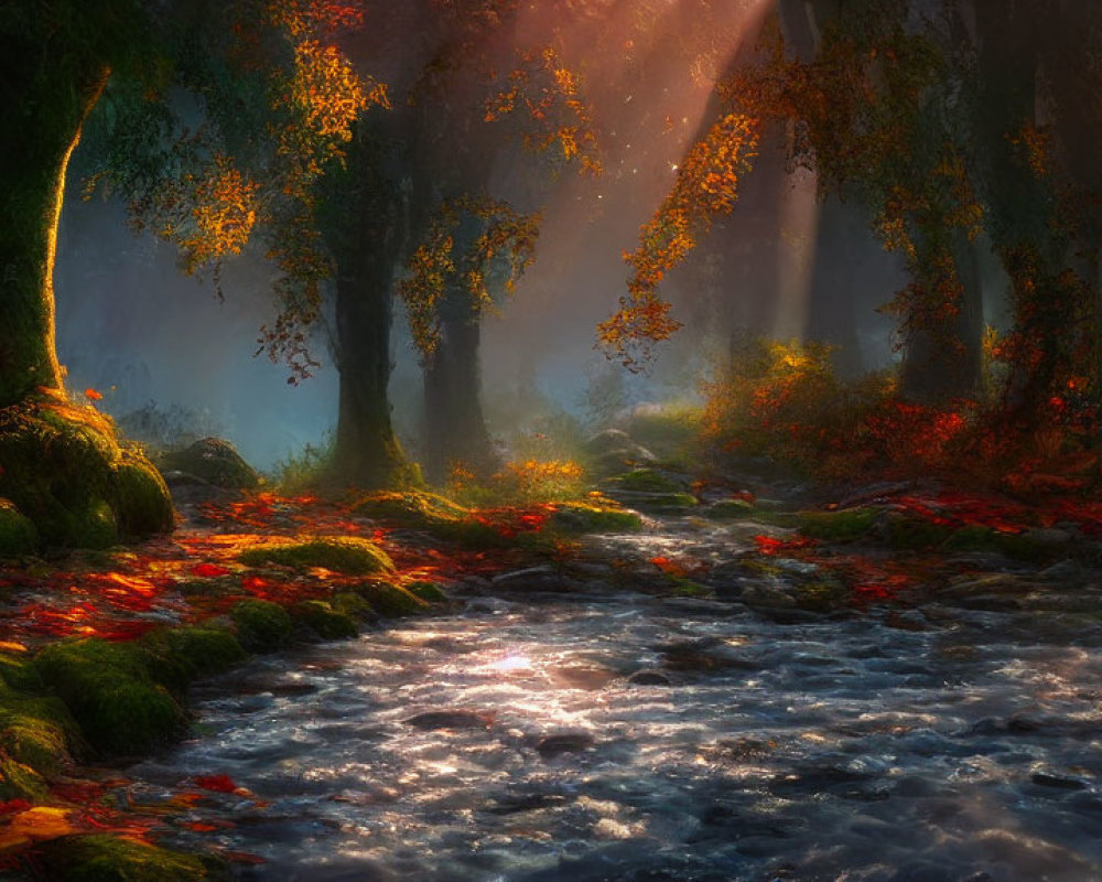 Tranquil Forest Creek with Autumn Leaves and Sunlight