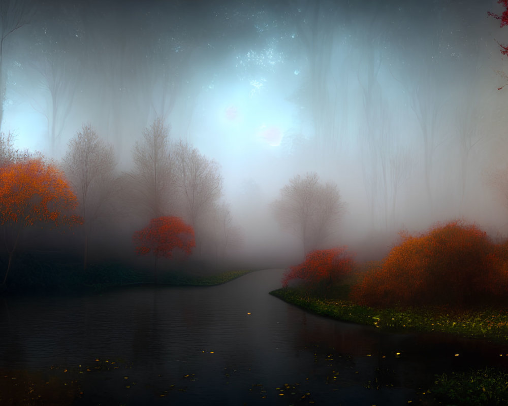 Mystical foggy landscape with glowing lights and red-leaved trees