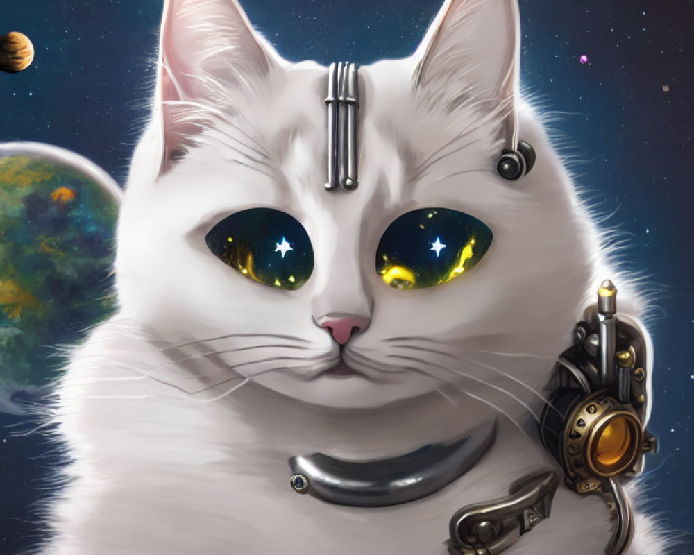 White Cat with Cosmic Star-Filled Eyes in Futuristic Space Setting