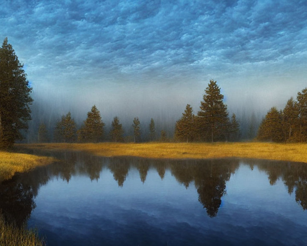 Tranquil forest landscape with calm lake and cloudy sky