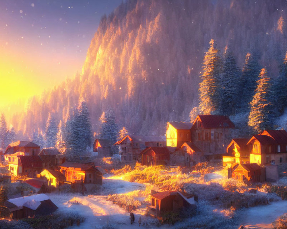 Snow-covered winter village with glowing lights and mountain backdrop