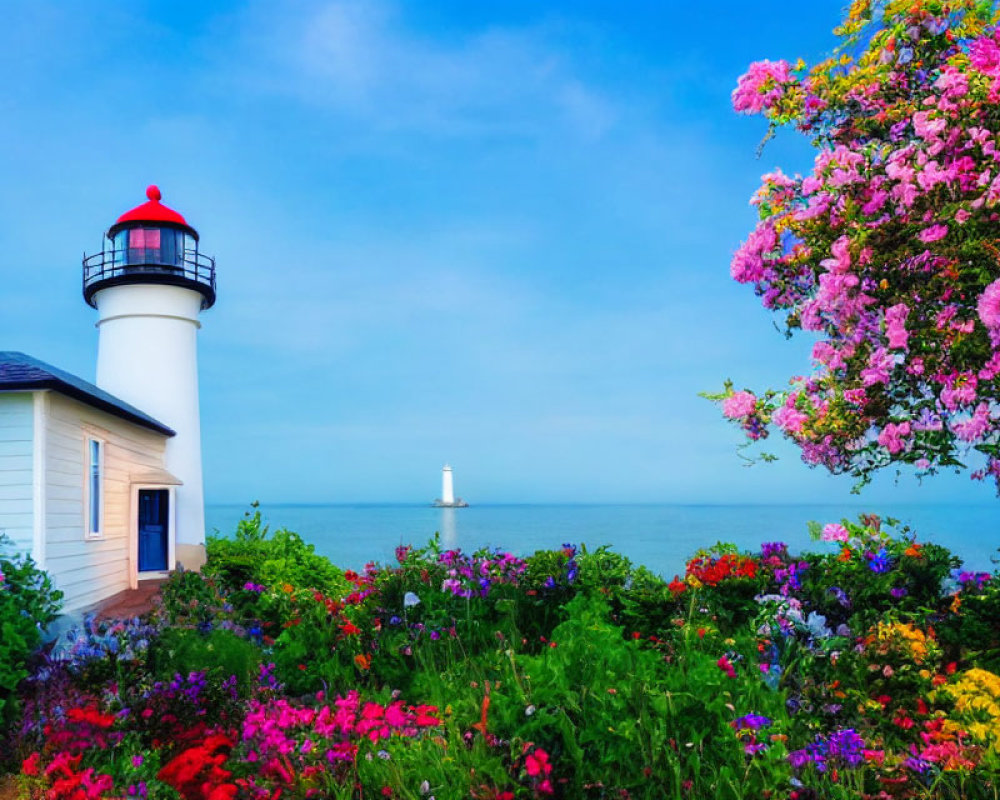 Scenic lighthouse surrounded by vibrant flowers and clear blue sea