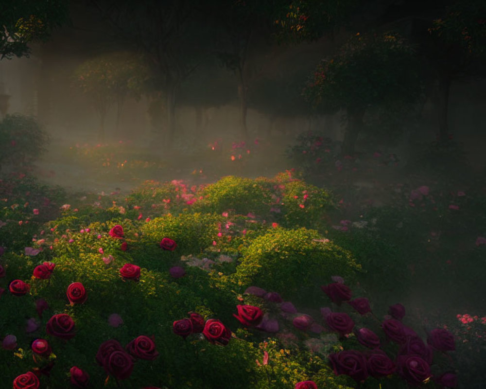 Enchanting garden scene at dusk with mist and vibrant red roses