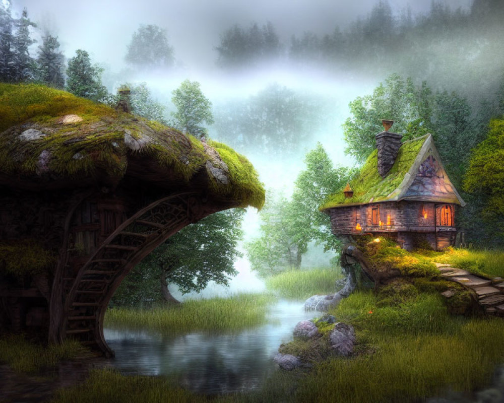 Moss-Covered Cottage by Stream with Waterwheel in Misty Greenery