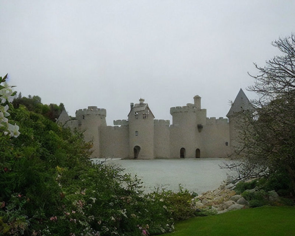 Majestic stone castle with turrets by calm water