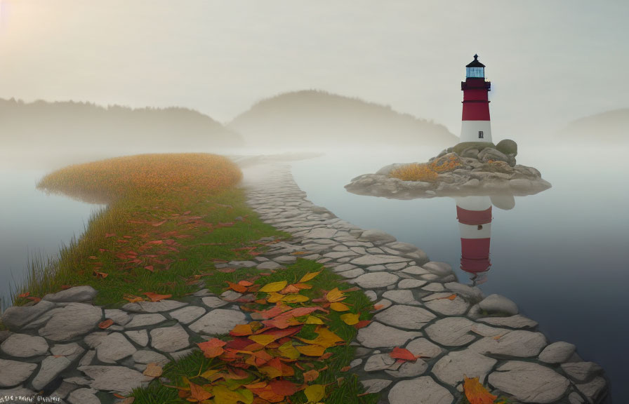 Stone pathway through misty autumn landscape to island lighthouse