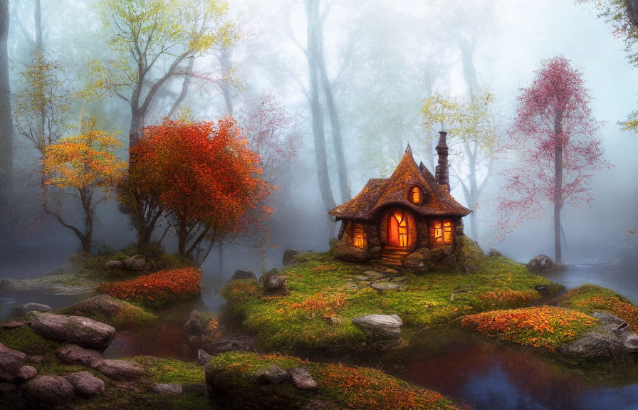 Thatched roof cottage in foggy forest with autumn foliage and stream