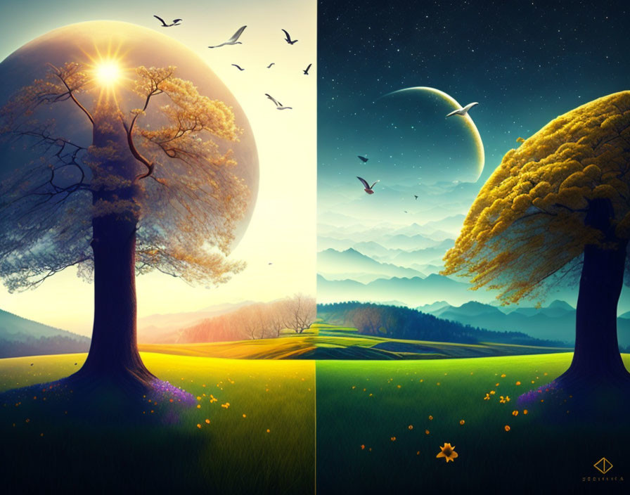 Split-view artwork contrasting vibrant daytime scene with serene night ambiance.