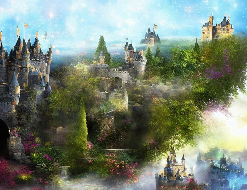 Fantastical landscape with multiple castles and lush greenery