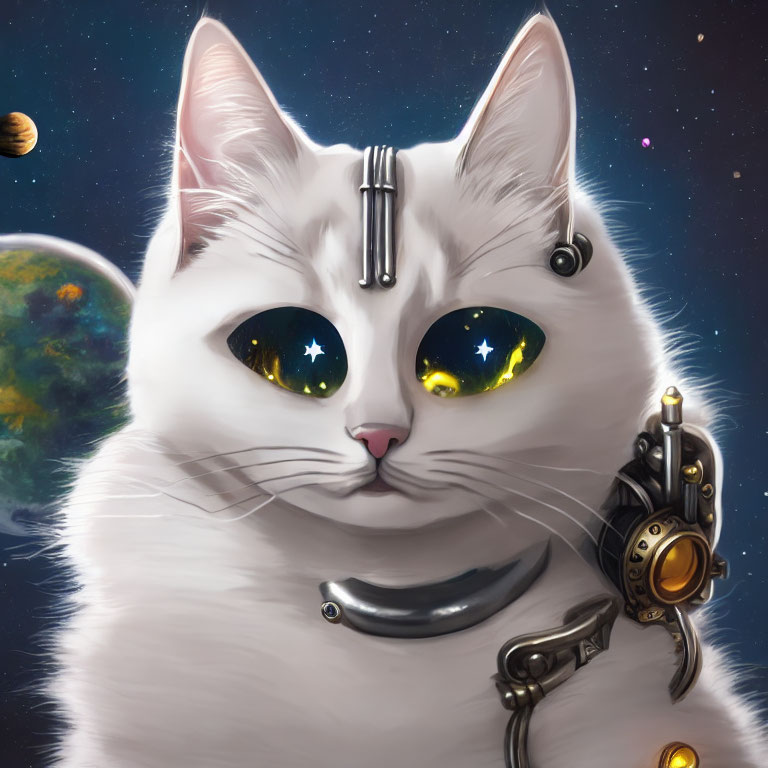 White Cat with Cosmic Star-Filled Eyes in Futuristic Space Setting