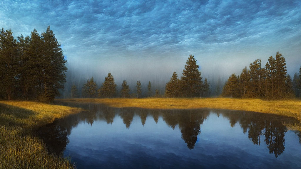 Tranquil forest landscape with calm lake and cloudy sky