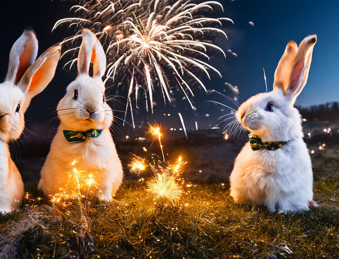 Two rabbits in bow ties watching fireworks and sparklers at night