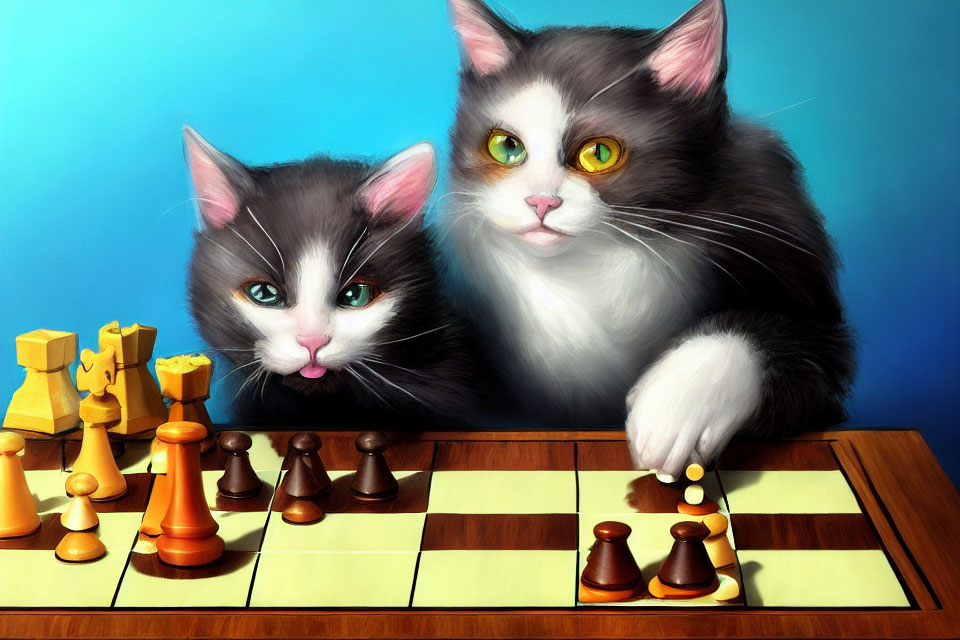 Anthropomorphic cats playing chess with expressive faces