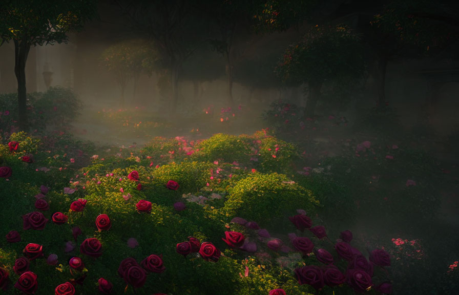 Enchanting garden scene at dusk with mist and vibrant red roses