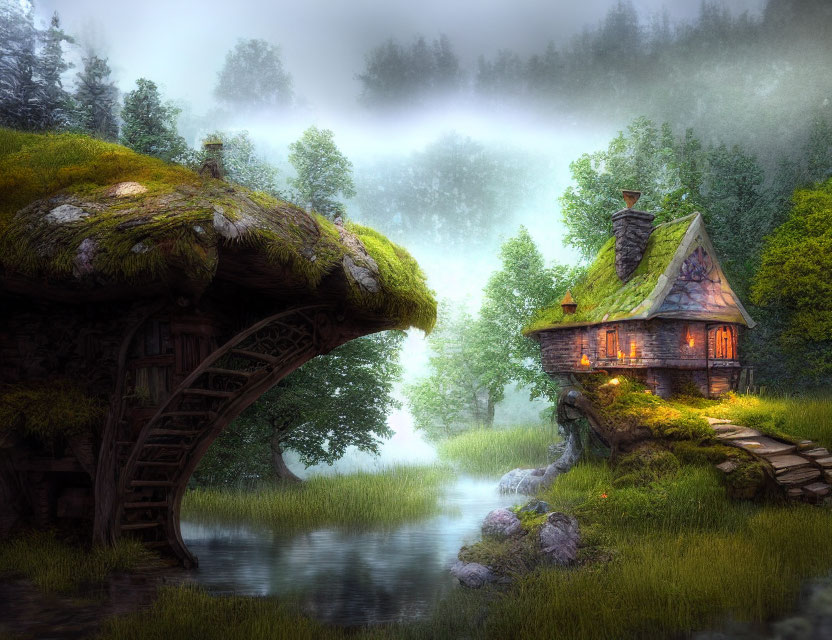 Moss-Covered Cottage by Stream with Waterwheel in Misty Greenery