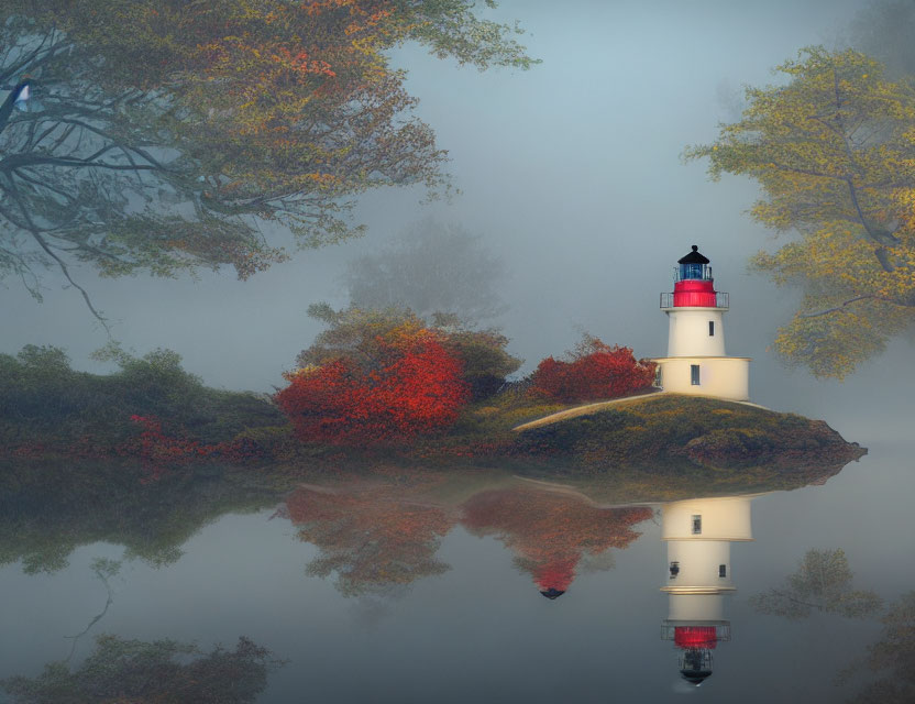 Misty island lighthouse reflected in calm water amid autumn trees