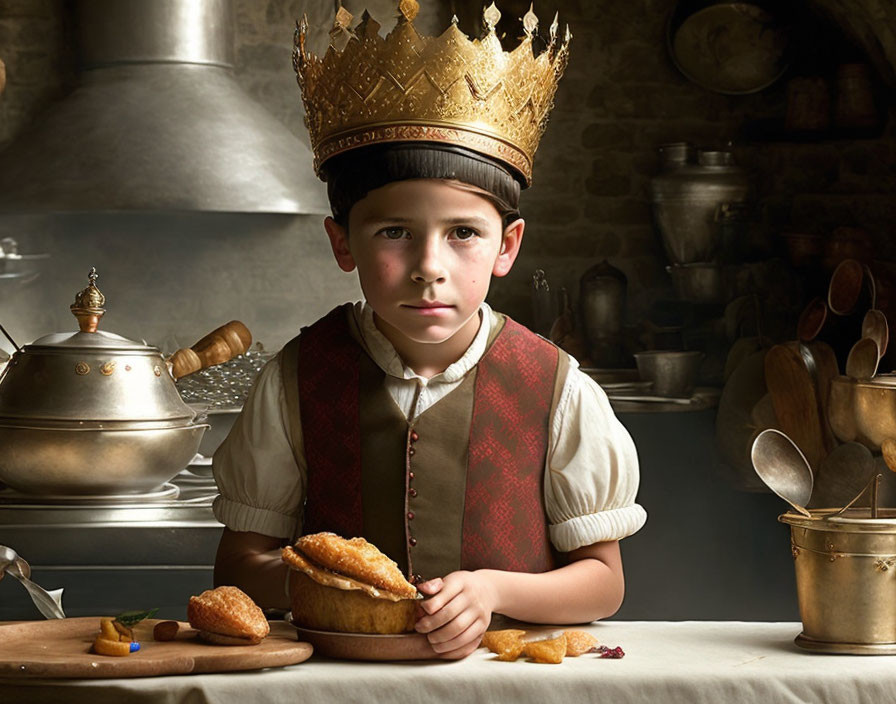 Young Boy with Crown Surrounded by Vintage Kitchen Items