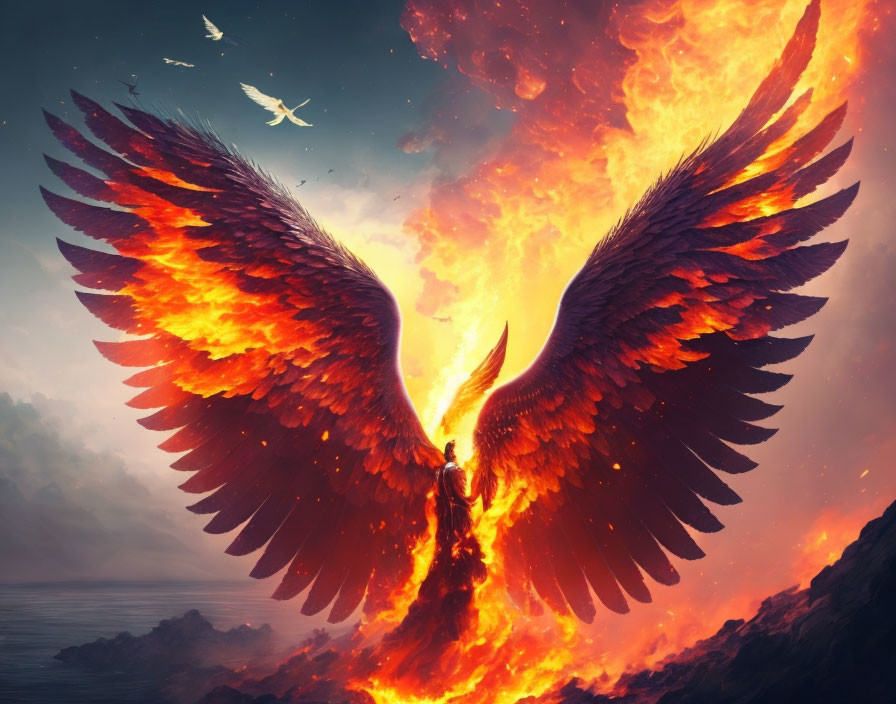 Fiery Phoenix Soaring Over Dramatic Sky and Serene Sea