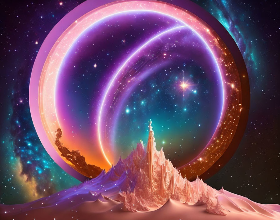 Snowy Mountain Landscape with Cosmic Rings and Nebulae in Purple, Pink, and Orange