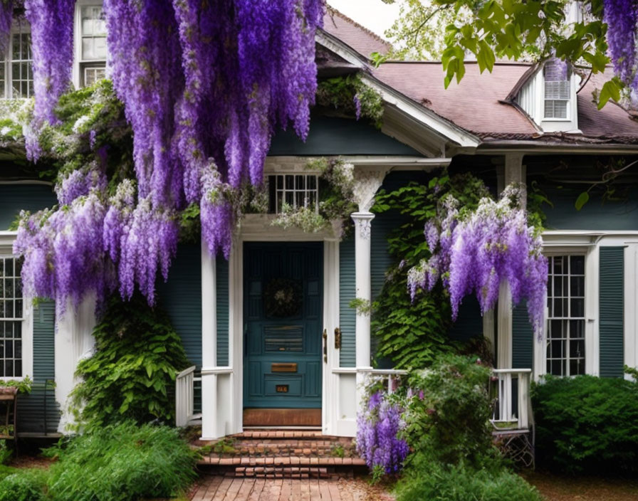 Blue House with Wisteria Flowers and Teal Door