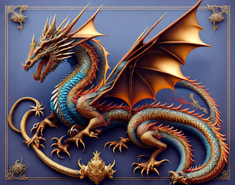 Blue and Orange Ornate Dragon on Dark Blue Background