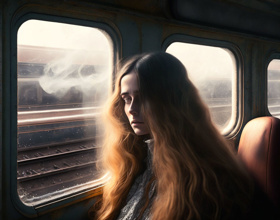 Young woman gazes out train window with sunlight illuminating her profile