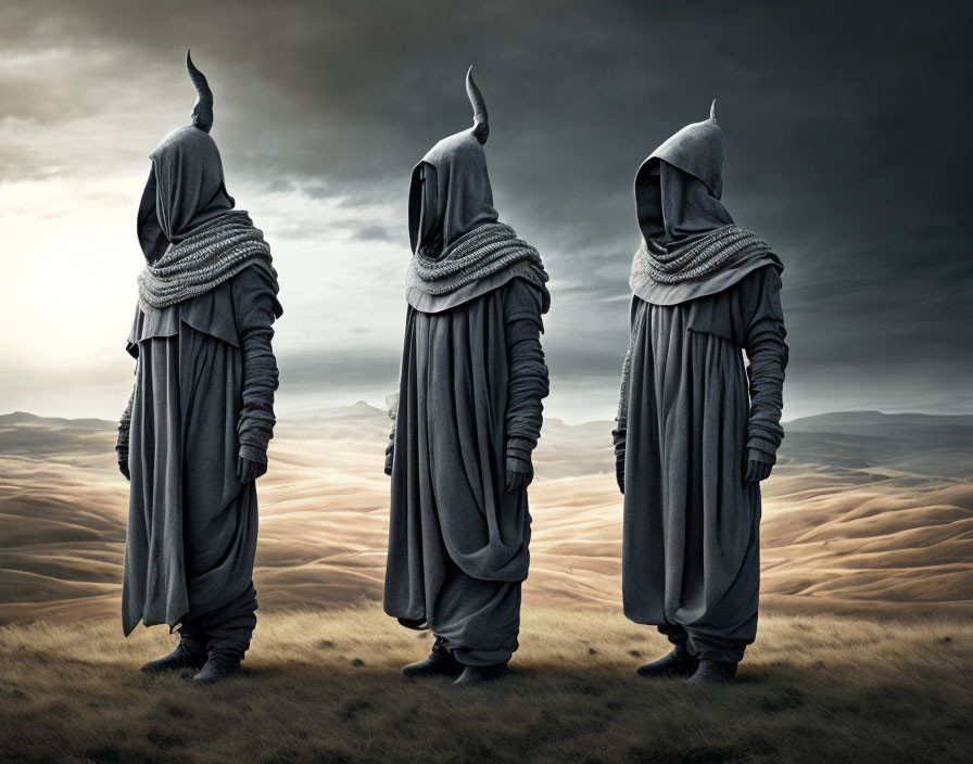 Mysterious hooded figures in desolate landscape