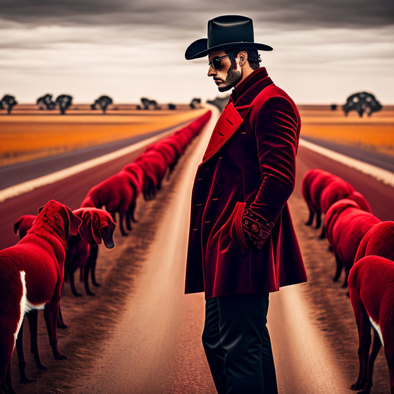 Bearded man in black hat and red coat with red dogs on road under dramatic sky