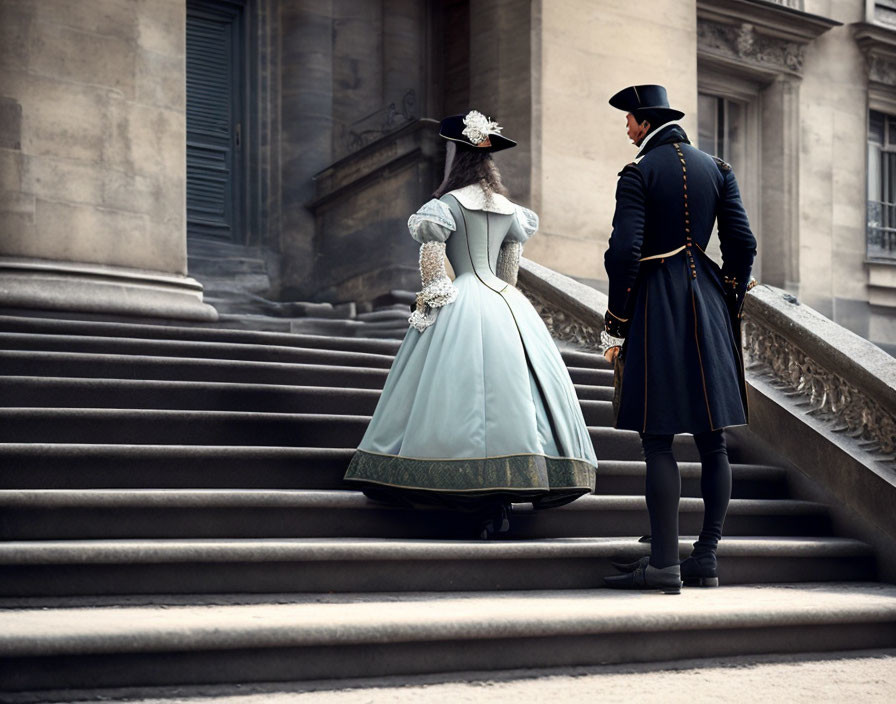 Woman in pastel blue period dress with man in traditional coat and tricorne hat on stone steps