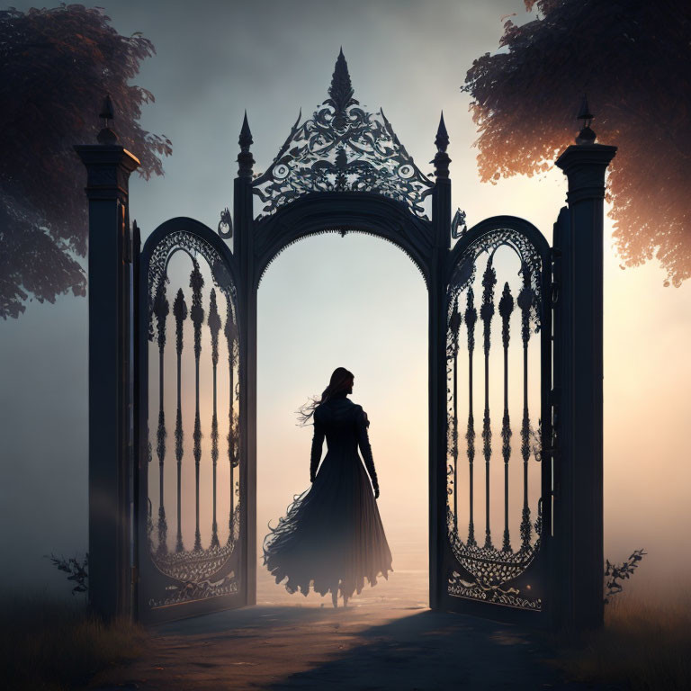 Silhouette of Person at Ornate Gate in Morning Mist