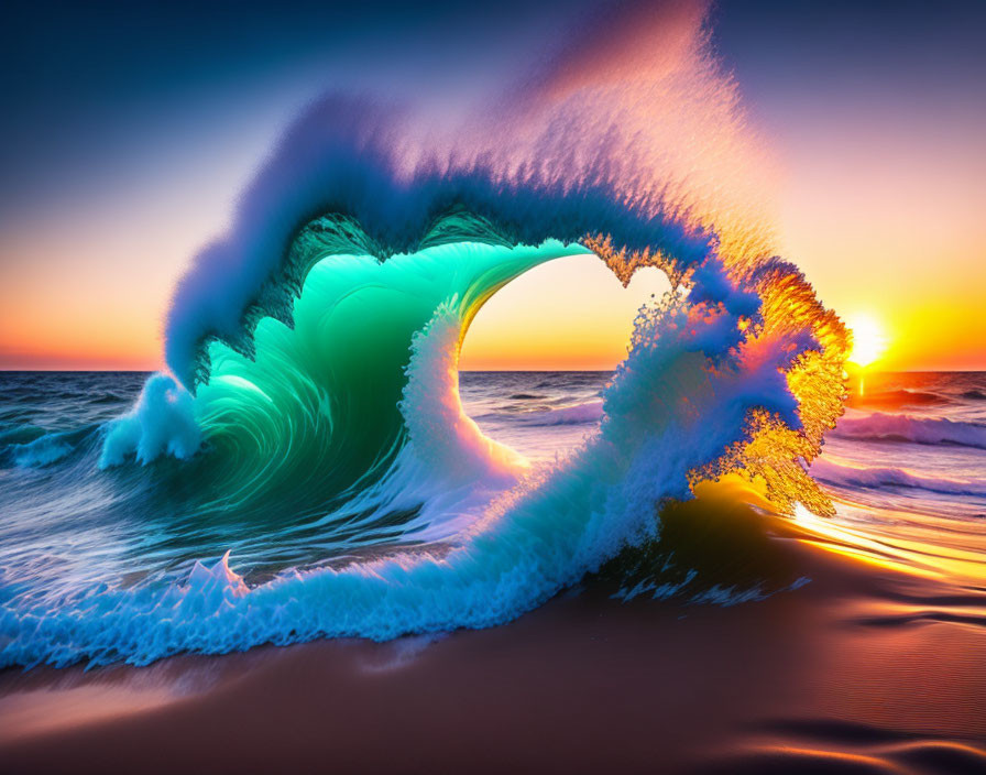 Vibrant sunset with large wave in surreal scene