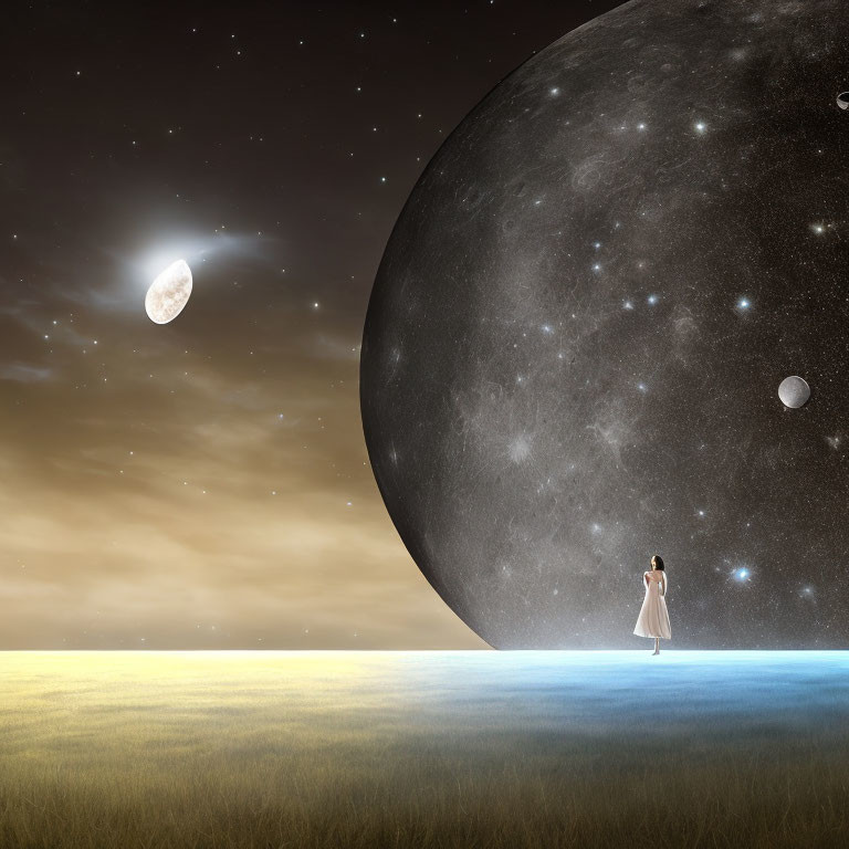 Couple in surreal field under massive moon and starry sky