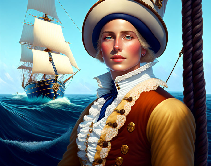 Digital art portrait of woman in naval officer's uniform with sailing ship and ocean.