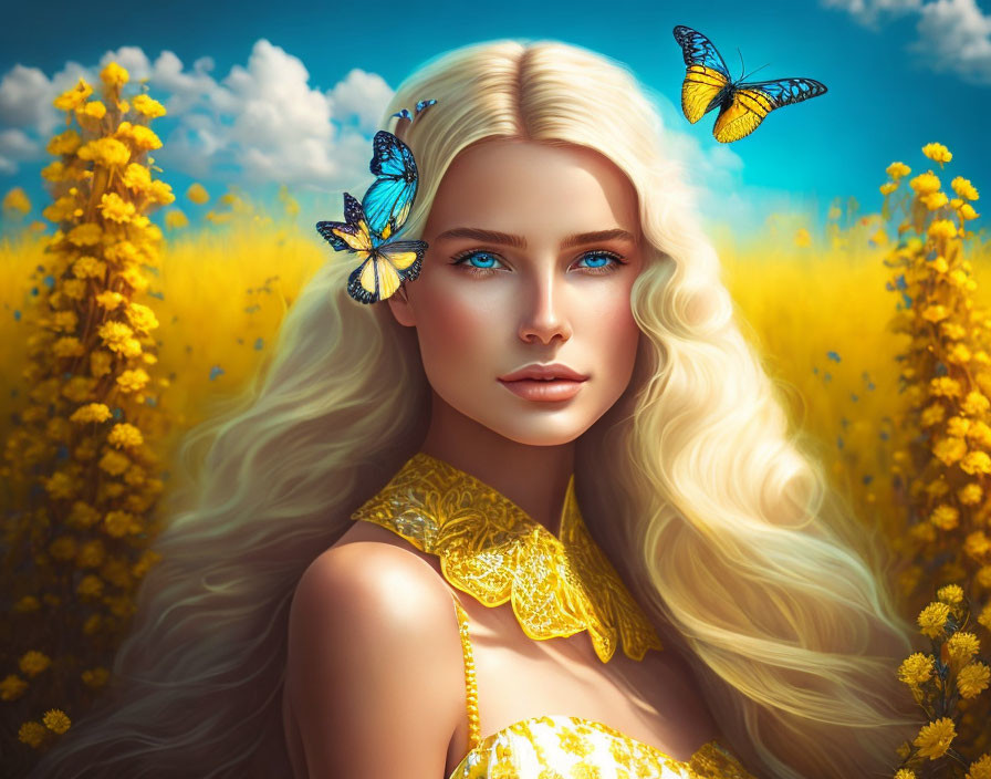 Blonde woman with blue eyes surrounded by butterflies in a yellow flower field