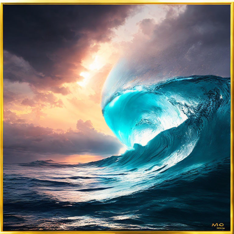 Translucent Blue Wave Against Golden Sunset Sky