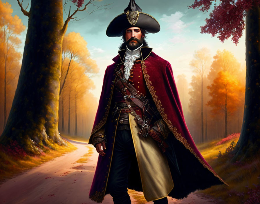 18th-Century Military Officer in Tricorne Hat and Maroon Cloak among Autumn Trees