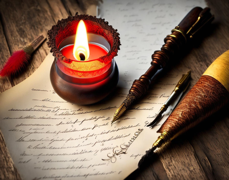 Lit candle, quill pen, and ink-stained letter on wooden surface