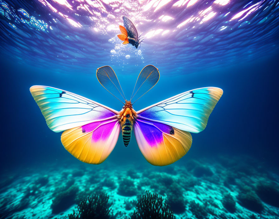 Colorful butterfly with iridescent wings underwater reflection and coral reef landscape