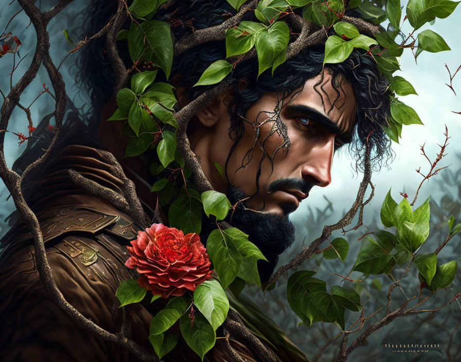 Man with dark hair and red flower in forest setting.