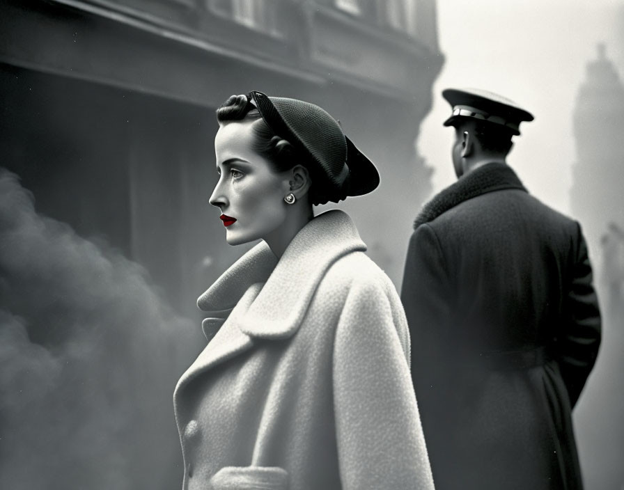 Stylish woman in beret and coat with red lipstick, man in uniform in misty background