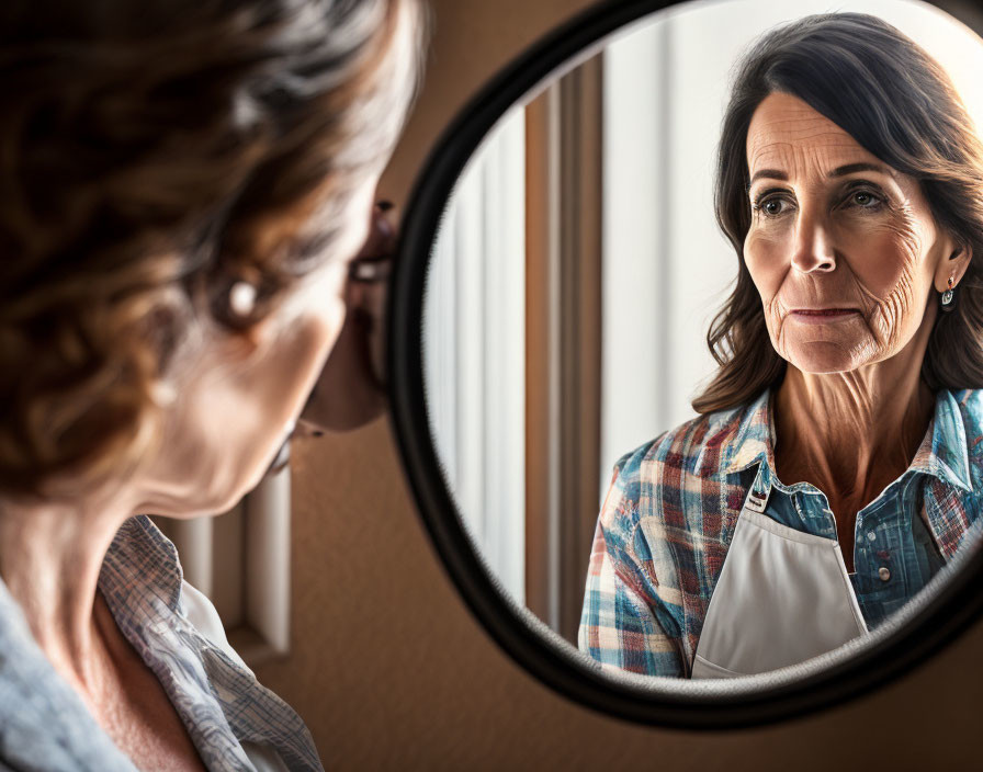 Middle-aged woman in plaid shirt and apron gazes at reflection in round mirror