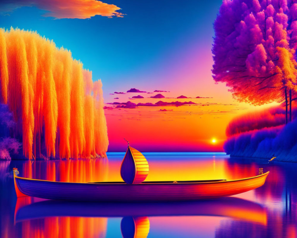 Colorful Digital Art Landscape: Serene Lake, Boat with Sail, Purple-Orange Trees, Sunset