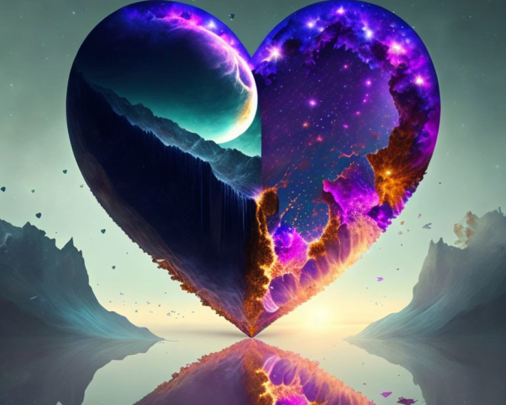 Cosmic Heart-Shaped Night Sky Illustration with Celestial Elements