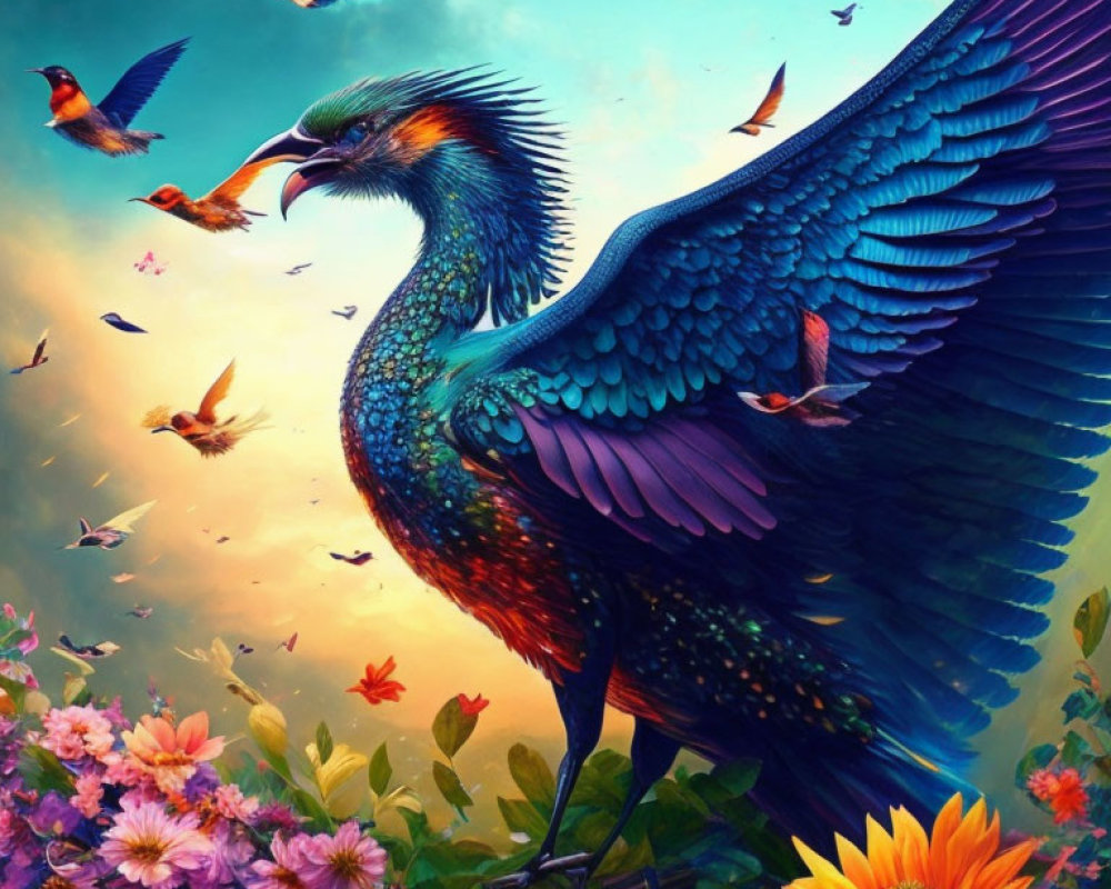 Colorful Bird Artwork with Flowers and Sky