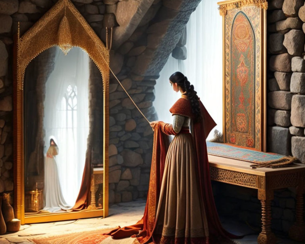 Medieval woman in gown with wand gazes at reflection in Gothic room