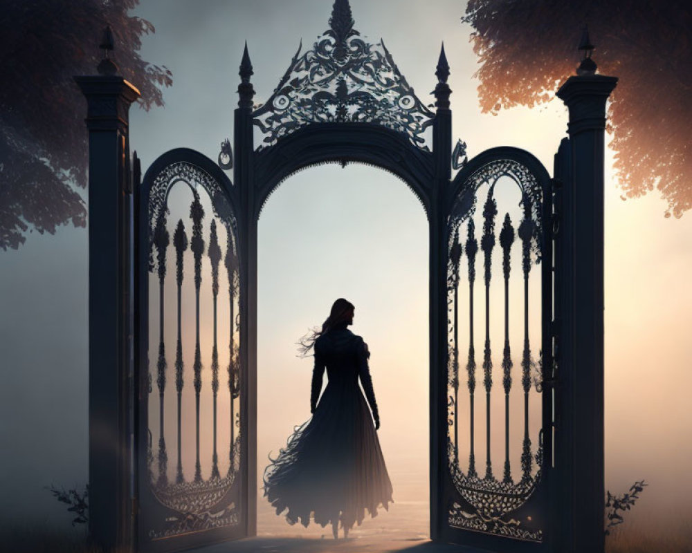 Silhouette of Person at Ornate Gate in Morning Mist