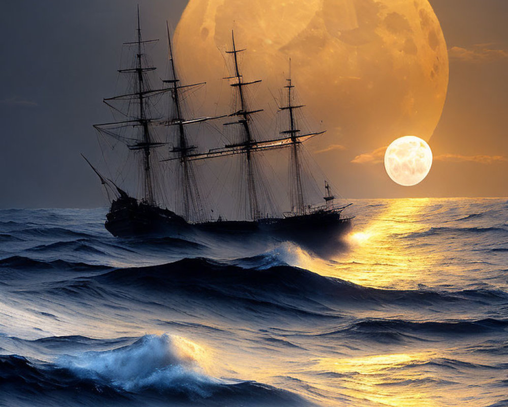 Tall ship sailing on turbulent seas under dramatic sky with vivid moon