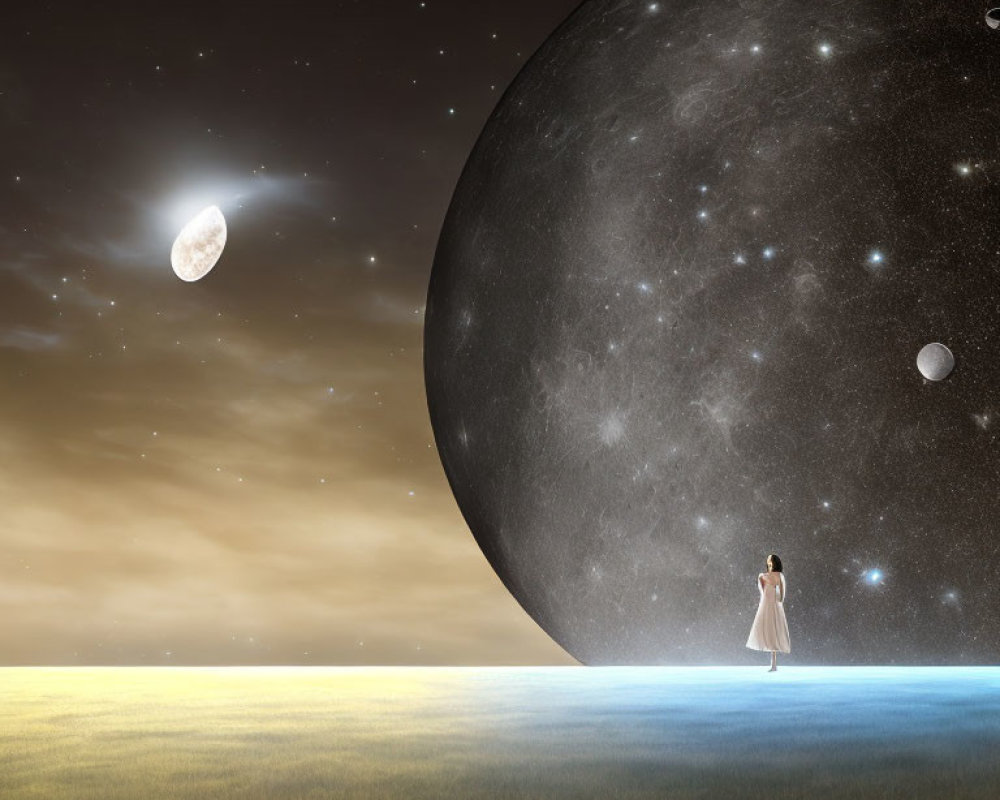 Couple in surreal field under massive moon and starry sky